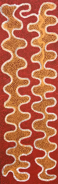 Australian Indigenous (Aboriginal and Torres Strait Islander) artwork by KUYARRIA MUDGEDELL NAKAMARRA of Warlayirti Artists (Balgo). The title is Yawalyurru. [1462/07] (Acrylic on Linen)