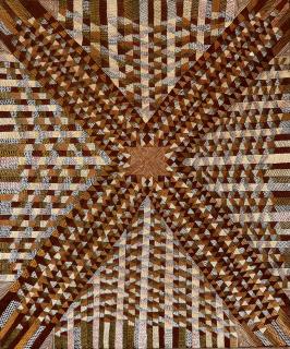 Australian Indigenous (Aboriginal and Torres Strait Islander) artwork by MARIO WALARMERPUI of Munupi Artists. The title is Yimwaliniyi (Ceremonial Dressing). [20-364] (Ochre on Linen)