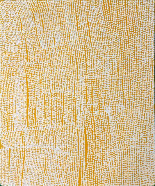 Australian Indigenous (Aboriginal and Torres Strait Islander) artwork by NYUNGAWARRA WARD of Warakurna Artists. The title is Yankuljunku. [12-26] (Acrylic on Board)