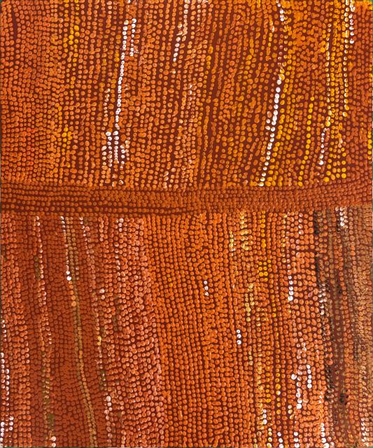 Australian Indigenous (Aboriginal and Torres Strait Islander) artwork by NYUNGAWARRA WARD of Warakurna Artists. The title is Yankuntjuntju. [32-26] (Acrylic on Board)