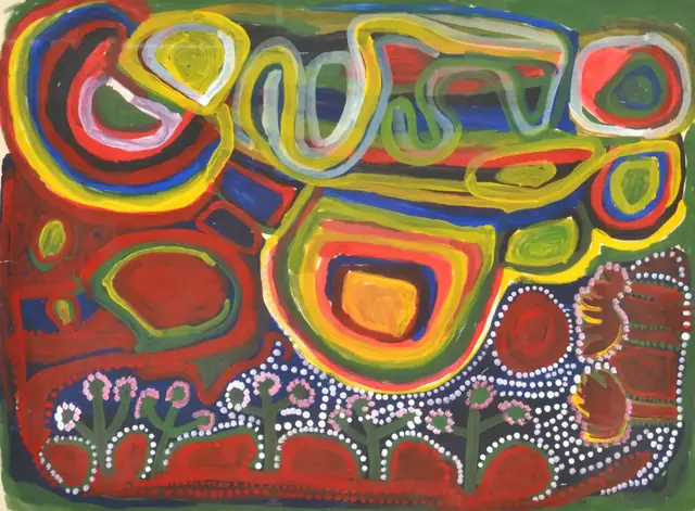 Australian Indigenous (Aboriginal and Torres Strait Islander) artwork by NYUJU STUMPY BROWN of Mangkaja Artists. The title is Yirrawirli. [wp441/91] (Derivan Matisse Acrylic - 250gsm Velin Arches Paper)