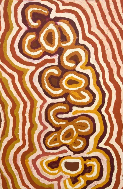 Australian Indigenous (Aboriginal and Torres Strait Islander) artwork by NINGIE NANALA of Warlayirti Artists (Balgo). The title is Yula. [912/07] (Acrylic on Linen)