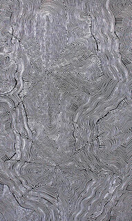 Australian Indigenous (Aboriginal and Torres Strait Islander) artwork by MARY ROBERTS NAKAMARRA of Papunya Tjupi Artists. The title is Yalka Tjukurrpa (Bush Onion) - Murini. [609-16] (Acrylic on Linen)