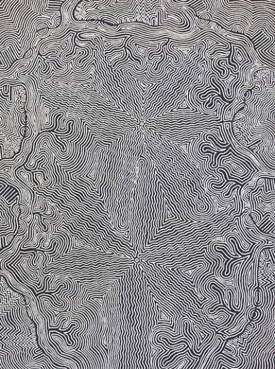 Australian Indigenous (Aboriginal and Torres Strait Islander) artwork by MARY ROBERTS NAKAMARRA of Papunya Tjupi Artists. The title is Yalka Tjukurrpa (Bush Onion) - Murini. [645-16] (Acrylic on Linen)