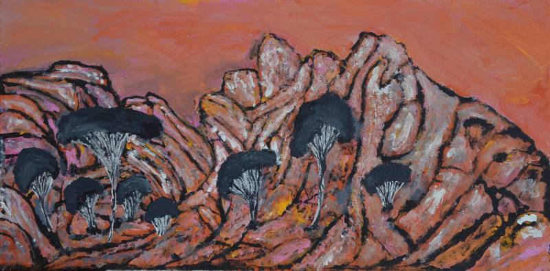 Australian Indigenous (Aboriginal and Torres Strait Islander) artwork by ADRIAN ROBERTSON of Mwerre Anthurre Artists (Bindi Inc). The title is Yalpirakinu. [50-21] (Acrylic on Canvas)