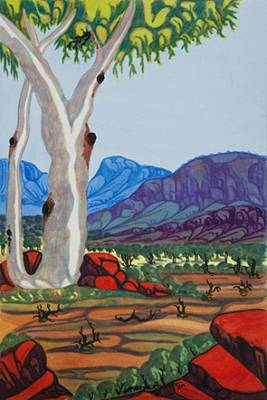 Australian Indigenous (Aboriginal and Torres Strait Islander) artwork by MERVYN RUBUNTJA of Ngurratjuta Iltja Ntjarra (Many Hands). The title is Yambah, North of Alice Springs. [NGUR09MRU9570] (Watercolour on Paper)
