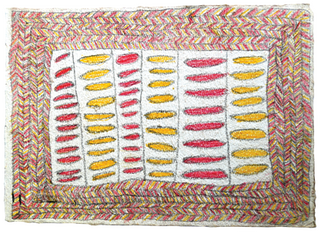 Australian Indigenous (Aboriginal and Torres Strait Islander) artwork by FATE SAVARI (ISAWDI) of Omie Artists. The title is Yams of Godibehi, Savodobehi, Tonobehi, Gora, Gorabuna, Enjoro, Jiapa, Duharenu, Asapa, and ije biwej’e (Boys chopping tree branches). [14-201] (Pencil and Ink on Paper)
