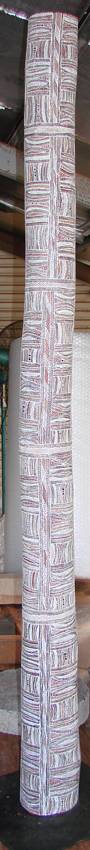Australian Indigenous (Aboriginal and Torres Strait Islander) artwork by WOLPA WANAMBI of Buku-Larrnggay Mulka (Yirrkala). The title is Yanawal. [3545Y] (Earth Pigments on Hollowed Pole)