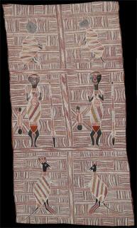 Australian Indigenous (Aboriginal and Torres Strait Islander) artwork by WOLPA WANAMBI of Buku-Larrnggay Mulka (Yirrkala). The title is Yanawal. [3651A] (Earth Pigments on Bark)