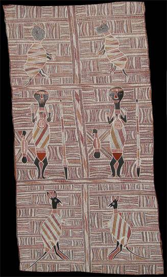 Australian Indigenous (Aboriginal and Torres Strait Islander) artwork by WOLPA WANAMBI of Buku-Larrnggay Mulka (Yirrkala). The title is Yanawal. [3651A] (Earth Pigments on Bark)