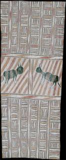 Australian Indigenous (Aboriginal and Torres Strait Islander) artwork by WOLPA WANAMBI of Buku-Larrnggay Mulka (Yirrkala). The title is Yanawal at Yanawal. [3381S] (Earth Pigments on Bark)