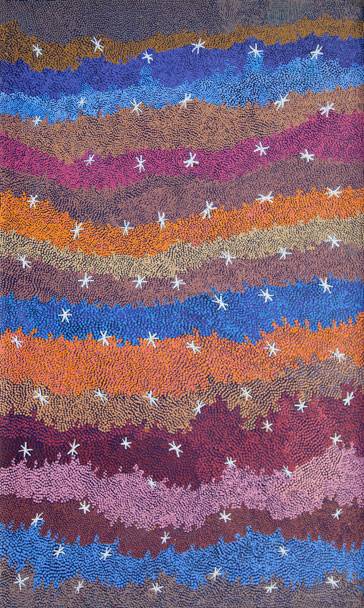 Australian Indigenous (Aboriginal and Torres Strait Islander) artwork by VALERIE NAPURRURLA MORRIS of Warlukurlangu Artists (Yuendumu). The title is Yanjirlpirri Jukurrpa (Star Dreaming). [687/12ny] (Acrylic on Belgian Linen)