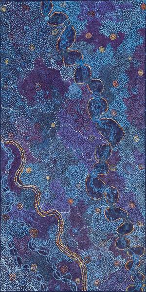 Australian Indigenous (Aboriginal and Torres Strait Islander) artwork by ALMA NUNGARRAYI GRANITES of Warlukurlangu Artists (Yuendumu). The title is Yanjirlpirri Jukurrpa (Star Dreaming). [113/09] (Acrylic on Belgian Linen)