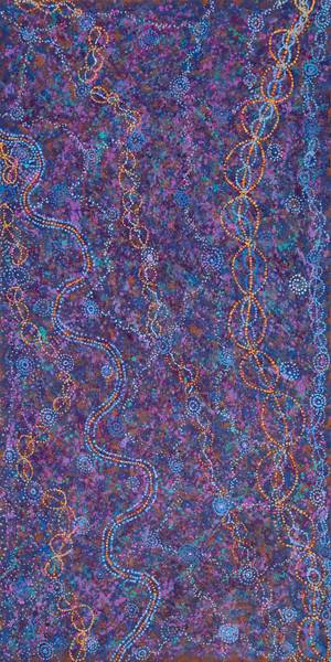 Australian Indigenous (Aboriginal and Torres Strait Islander) artwork by ALMA NUNGARRAYI GRANITES of Warlukurlangu Artists (Yuendumu). The title is Yanjirlpirri Jukurrpa (Star Dreaming). [114/09] (Acrylic on Belgian Linen)
