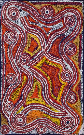 Australian Indigenous (Aboriginal and Torres Strait Islander) artwork by PADDY JAPALJARRI SIMS of Warlukurlangu Artists (Yuendumu). The title is Yanjirlpirri Jukurrpa (Star Dreaming). [1533/08] (Acrylic on Canvas)