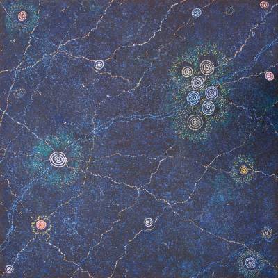 Australian Indigenous (Aboriginal and Torres Strait Islander) artwork by ALMA NUNGARRAYI GRANITES of Warlukurlangu Artists (Yuendumu). The title is Yanjirlpirri or Napaljarri-warnu Jukurrpa (Star or Seven Sisters Dreaming). [3055/09] (Acrylic on Belgian Linen)