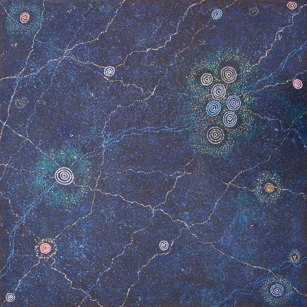 Australian Indigenous (Aboriginal and Torres Strait Islander) artwork by ALMA NUNGARRAYI GRANITES of Warlukurlangu Artists (Yuendumu). The title is Yanjirlpirri or Napaljarri-warnu Jukurrpa (Star or Seven Sisters Dreaming). [3055/09] (Acrylic on Belgian Linen)