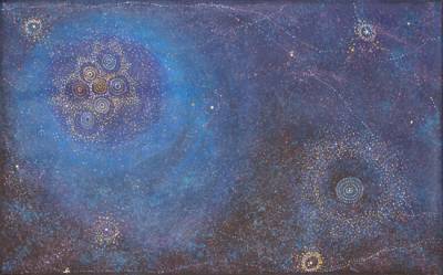 Australian Indigenous (Aboriginal and Torres Strait Islander) artwork by ALMA NUNGARRAYI GRANITES of Warlukurlangu Artists (Yuendumu). The title is Yanjirlpirri or Napaljarri-warnu Jukurrpa (Star or Seven Sisters Dreaming). [3085/09] (Acrylic on Belgian Linen)