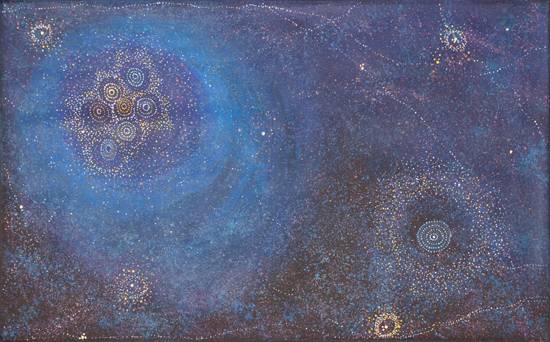 Australian Indigenous (Aboriginal and Torres Strait Islander) artwork by ALMA NUNGARRAYI GRANITES of Warlukurlangu Artists (Yuendumu). The title is Yanjirlpirri or Napaljarri-warnu Jukurrpa (Star or Seven Sisters Dreaming). [3085/09] (Acrylic on Belgian Linen)