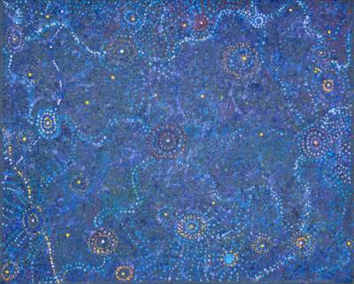 Australian Indigenous (Aboriginal and Torres Strait Islander) artwork by ALMA NUNGARRAYI GRANITES of Warlukurlangu Artists (Yuendumu). The title is Yanjirlpirri or Napaljarri-warnu Jukurrpa (Star or Seven Sisters Dreaming). [2558/09] (Acrylic on Belgian Linen)