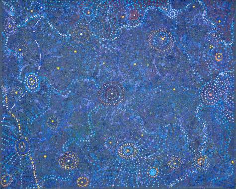 Australian Indigenous (Aboriginal and Torres Strait Islander) artwork by ALMA NUNGARRAYI GRANITES of Warlukurlangu Artists (Yuendumu). The title is Yanjirlpirri or Napaljarri-warnu Jukurrpa (Star or Seven Sisters Dreaming). [2558/09] (Acrylic on Belgian Linen)
