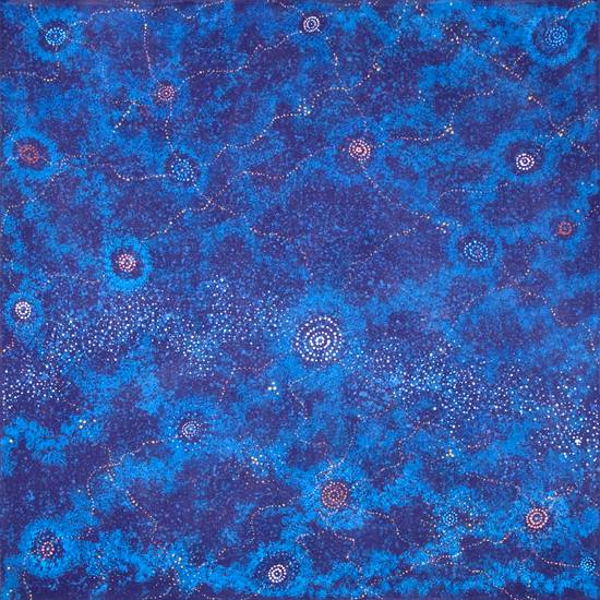 Australian Indigenous (Aboriginal and Torres Strait Islander) artwork by ALMA NUNGARRAYI GRANITES of Warlukurlangu Artists (Yuendumu). The title is Yanjirlpirri or Napaljarri-warnu Jukurrpa (Star or Seven Sisters Dreaming). [2068/09 (sold as a diptych with 2067/09)] (Acrylic on Belgian Linen)