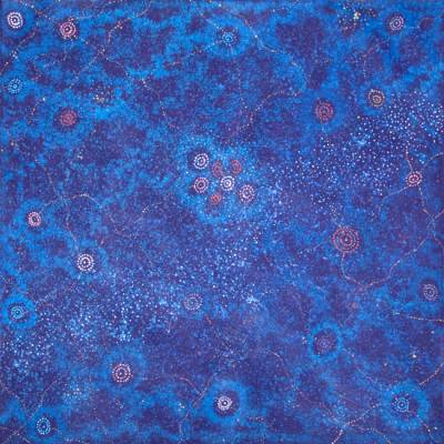 Australian Indigenous (Aboriginal and Torres Strait Islander) artwork by ALMA NUNGARRAYI GRANITES of Warlukurlangu Artists (Yuendumu). The title is Yanjirlpirri or Napaljarri-warnu Jukurrpa (Star or Seven Sisters Dreaming). [2067/09 (sold as a diptych with 2068/09)] (Acrylic on Belgian Linen)