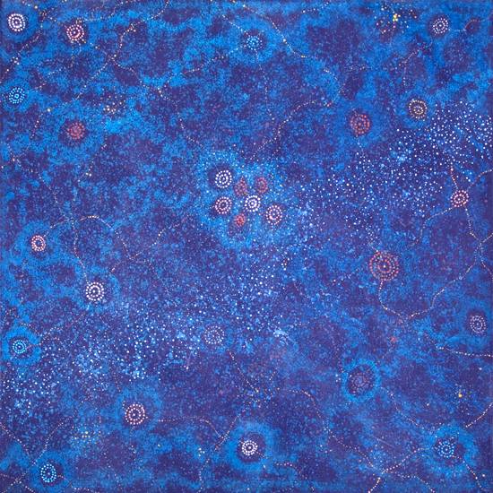 Australian Indigenous (Aboriginal and Torres Strait Islander) artwork by ALMA NUNGARRAYI GRANITES of Warlukurlangu Artists (Yuendumu). The title is Yanjirlpirri or Napaljarri-warnu Jukurrpa (Star or Seven Sisters Dreaming). [2067/09 (sold as a diptych with 2068/09)] (Acrylic on Belgian Linen)