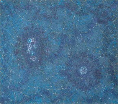 Australian Indigenous (Aboriginal and Torres Strait Islander) artwork by ALMA NUNGARRAYI GRANITES of Warlukurlangu Artists (Yuendumu). The title is Yanjirlpirri or Napaljarri-warnu Jukurrpa (Star or Seven Sisters Dreaming). [2658/09] (Acrylic on Belgian Linen)