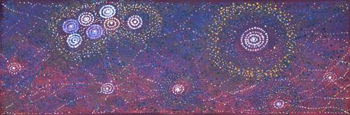 Australian Indigenous (Aboriginal and Torres Strait Islander) artwork by ALMA NUNGARRAYI GRANITES of Warlukurlangu Artists (Yuendumu). The title is Yanjirlpirri or Napaljarri-warnu Jukurrpa (Star or Seven Sisters Dreaming). [2975/09] (Acrylic on Belgian Linen)