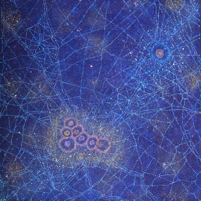 Australian Indigenous (Aboriginal and Torres Strait Islander) artwork by ALMA NUNGARRAYI GRANITES of Warlukurlangu Artists (Yuendumu). The title is Yanjirlpirri  or Napaljarri-warnu Jukurrpa (Star or Seven Sisters Dreaming). [4893/09] (Acrylic on Linen)