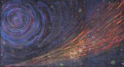 Australian Indigenous (Aboriginal and Torres Strait Islander) artwork by ALMA NUNGARRAYI GRANITES of Warlukurlangu Artists (Yuendumu). The title is Yanjirlpirri  or Napaljarri-warnu Jukurrpa (Star or Seven Sisters Dreaming). [113-14-15/10 (A triptych)] (Acrylic on Linen)