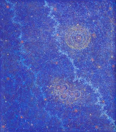 Australian Indigenous (Aboriginal and Torres Strait Islander) artwork by ALMA NUNGARRAYI GRANITES of Warlukurlangu Artists (Yuendumu). The title is Yanjirlpirri or Napaljarri-warnu Jukurrpa (Star or Seven Sisters Dreaming). [827/10] (Acrylic on Linen)