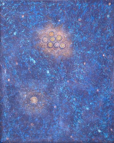 Australian Indigenous (Aboriginal and Torres Strait Islander) artwork by ALMA NUNGARRAYI GRANITES of Warlukurlangu Artists (Yuendumu). The title is Yanjirlpirri or Napaljarri-warnu Jukurrpa (Star or Seven Sisters Dreaming). [38/10] (Acrylic on Linen)