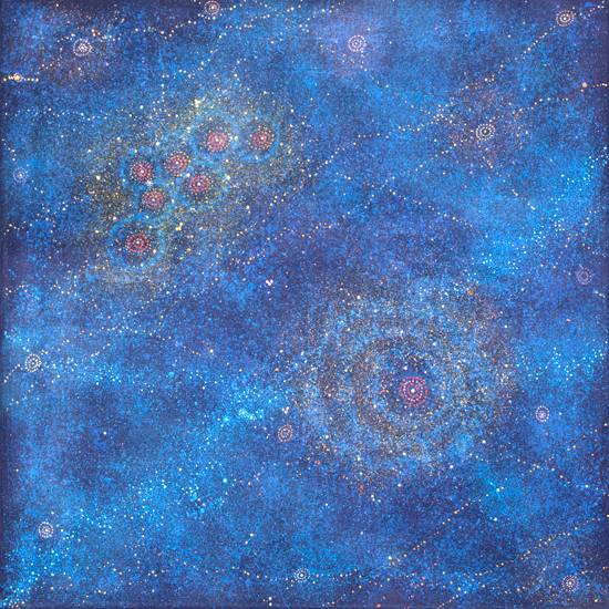 Australian Indigenous (Aboriginal and Torres Strait Islander) artwork by ALMA NUNGARRAYI GRANITES of Warlukurlangu Artists (Yuendumu). The title is Yanjirlpirri or Napaljarri-warnu Jukurrpa (Star or Seven Sisters Dreaming). [1322/10] (Acrylic on Linen)
