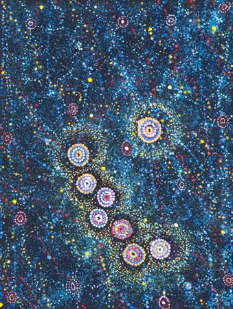Australian Indigenous (Aboriginal and Torres Strait Islander) artwork by ALMA NUNGARRAYI GRANITES of Warlukurlangu Artists (Yuendumu). The title is Yanjirlpirri or Napaljarri-warnu Jukurrpa (Star or Seven Sisters Dreaming). [984/10] (Acrylic on Linen)