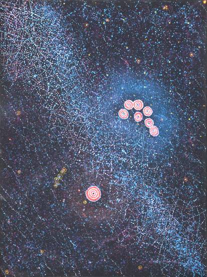 Australian Indigenous (Aboriginal and Torres Strait Islander) artwork by ALMA NUNGARRAYI GRANITES of Warlukurlangu Artists (Yuendumu). The title is Yanjirlpirri or Napaljarri-warnu Jukurrpa (Star or Seven Sisters Dreaming). [718/10] (Acrylic on Linen)