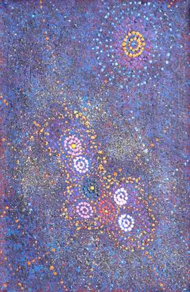 Australian Indigenous (Aboriginal and Torres Strait Islander) artwork by ALMA NUNGARRAYI GRANITES of Warlukurlangu Artists (Yuendumu). The title is Yanjirlpirri or Napaljarri-warnu Jukurrpa (Star or Seven Sisters Dreaming). [856/10] (Acrylic on Linen)