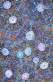 Australian Indigenous (Aboriginal and Torres Strait Islander) artwork by ALMA NUNGARRAYI GRANITES of Warlukurlangu Artists (Yuendumu). The title is Yanjirlpirri or Napaljarri-warnu Jukurrpa (Star or Seven Sisters Dreaming). [456/10] (Acrylic on Linen)