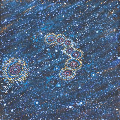 Australian Indigenous (Aboriginal and Torres Strait Islander) artwork by ALMA NUNGARRAYI GRANITES of Warlukurlangu Artists (Yuendumu). The title is Yanjirlpirri or Napaljarri-warnu Jukurrpa (Star or Seven Sisters Dreaming). [455/10] (Acrylic on Linen)