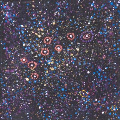 Australian Indigenous (Aboriginal and Torres Strait Islander) artwork by ALMA NUNGARRAYI GRANITES of Warlukurlangu Artists (Yuendumu). The title is Yanjirlpirri or Napaljarri-warnu Jukurrpa (Star or Seven Sisters Dreaming). [715/10] (Acrylic on Linen)