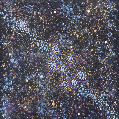 Australian Indigenous (Aboriginal and Torres Strait Islander) artwork by ALMA NUNGARRAYI GRANITES of Warlukurlangu Artists (Yuendumu). The title is Yanjirlpirri or Napaljarri-warnu Jukurrpa (Star or Seven Sisters Dreaming). [714/10] (Acrylic on Linen)