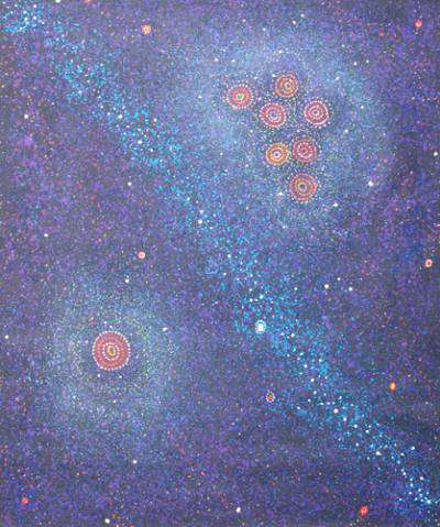 Australian Indigenous (Aboriginal and Torres Strait Islander) artwork by ALMA NUNGARRAYI GRANITES of Warlukurlangu Artists (Yuendumu). The title is Yanjirlpirri or Napaljarri-warnu Jukurrpa (Star or Seven Sisters Dreaming). [1695/10] (Acrylic on Linen)