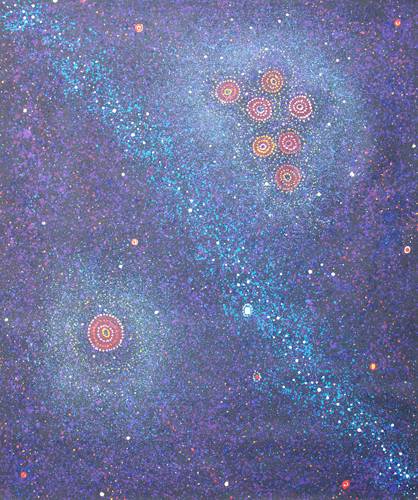 Australian Indigenous (Aboriginal and Torres Strait Islander) artwork by ALMA NUNGARRAYI GRANITES of Warlukurlangu Artists (Yuendumu). The title is Yanjirlpirri or Napaljarri-warnu Jukurrpa (Star or Seven Sisters Dreaming). [1695/10] (Acrylic on Linen)