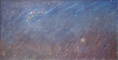 Australian Indigenous (Aboriginal and Torres Strait Islander) artwork by ALMA NUNGARRAYI GRANITES of Warlukurlangu Artists (Yuendumu). The title is Yanjirlpirri or Napaljarri-warnu Jukurrpa (Star or Seven Sisters Dreaming). [281/10] (Acrylic on Linen)