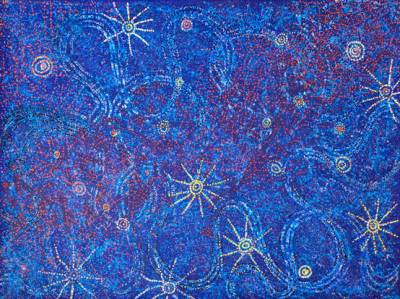 Australian Indigenous (Aboriginal and Torres Strait Islander) artwork by ALMA NUNGARRAYI GRANITES of Warlukurlangu Artists (Yuendumu). The title is Yanjirlpirri or Napaljarri-warnu Jukurrpa (Star or Seven Sisters Dreaming). [1336/10] (Acrylic on Linen)