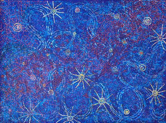 Australian Indigenous (Aboriginal and Torres Strait Islander) artwork by ALMA NUNGARRAYI GRANITES of Warlukurlangu Artists (Yuendumu). The title is Yanjirlpirri or Napaljarri-warnu Jukurrpa (Star or Seven Sisters Dreaming). [1336/10] (Acrylic on Linen)