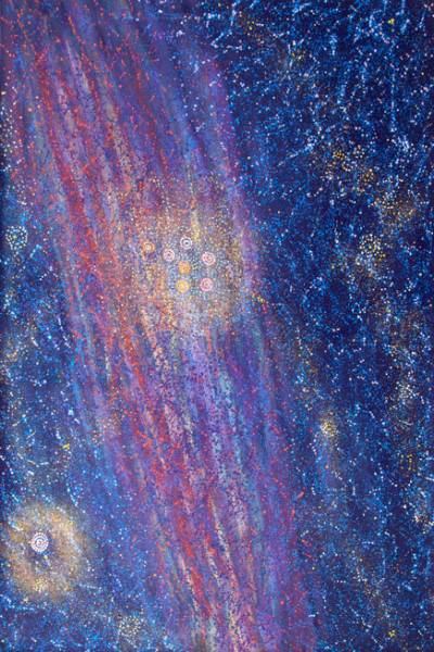 Australian Indigenous (Aboriginal and Torres Strait Islander) artwork by ALMA NUNGARRAYI GRANITES of Warlukurlangu Artists (Yuendumu). The title is Yanjirlpirri or Napaljarri-warnu Jukurrpa (Star or Seven Sisters Dreaming). [440/10] (Acrylic on Linen)