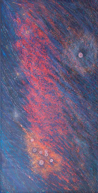 Australian Indigenous (Aboriginal and Torres Strait Islander) artwork by ALMA NUNGARRAYI GRANITES of Warlukurlangu Artists (Yuendumu). The title is Yanjirlpirri or Napaljarri-warnu Jukurrpa (Star or Seven Sisters Dreaming). [1202/10] (Acrylic on Linen)