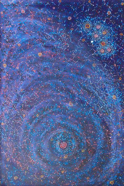Australian Indigenous (Aboriginal and Torres Strait Islander) artwork by ALMA NUNGARRAYI GRANITES of Warlukurlangu Artists (Yuendumu). The title is Yanjirlpirri or Napaljarri-warnu Jukurrpa (Star or Seven Sisters Dreaming). [1949/10] (Acrylic on Linen)